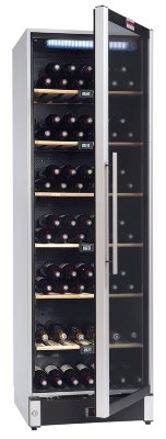 Мультитемпературный шкаф, LaSommeliere модельVIP185 Мультитемпературный винный шкаф La Sommeliere VIP185 рассчитан на 195 бутылок (типа Бордо) и может устанавливаться в помещениях с невысокой температурой (но не ниже 10°C) благодаря системе "Зима". Эффектное цветовое решение и прозрачная стеклянная дверца, которую можно навесить как с правой, так и с левой стороны, позволяют вписать шкаф в любой интерьер.