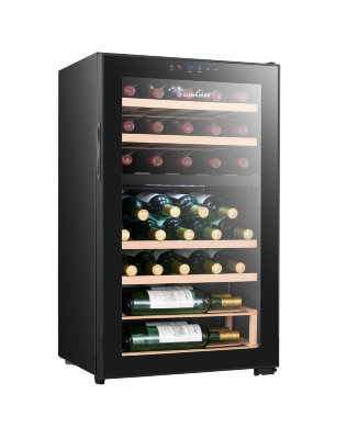 Двухзонный винный шкаф, Climadiff модель CEPAGE33DZ Двухзонный шкаф для вина Climadiff CEPAGE33DZ на 33 (15+18) бутылок стандартного типа Бордо, подойдёт тем, кому необходимо место для качественного хранения винной коллекции. Цвет корпуса и рамки двери - черный, компрессорный, 2 зоны (5-20 / 5-20 ° C), электронное регулирование, закаленный двухслойный стеклопакет (цвет серый)  с анти-УФ-обработкой.