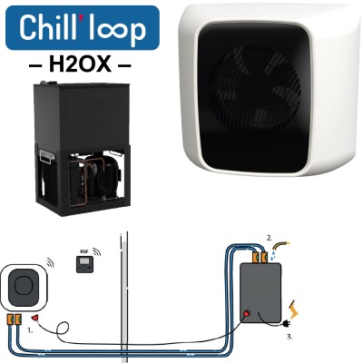 Охладительный контур Chill&#039; loop H2OX Настенное оборудование H2OX Chill‘ loop обеспечивает гибкость сплит-системы без ограничений холодильной установки.
Ввод в эксплуатацию требует всего лишь подключения нескольких быстроразъемных соединений.
 
Благодаря контуру с охлажденной водой, любое изолированное помещение превратится в идеальный винный погреб.
Охладитель H2OX устанавливается на стену для обеспечивания нужной температуры в помещении.

Дизайн кондиционера можно персонализировать, сделав каждый винный погреб уникальным.
Сменная цветная передняя панель открывает безграничные возможности в дизайне.
Стандартная модель Chill ‘loop H2OX поставляется с глянцевой черной передней панелью.

Процессы установки, использования и технического обслуживания кондиционеров
Chill ’loop разработаны таким образом, чтобы каждый пользователь мог справится
без дополнительных усилий.

Блок состоит из:
Охладитель H2OX
Конденсатор
Набор KLCL "link + pump"