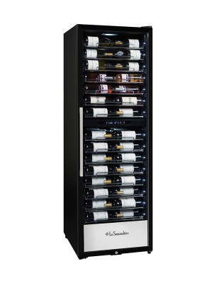 Двухзонный шкаф, LaSommeliere модель PRO160DZN Двухзонный винный шкаф LaSommeliere профессиональной серии на 152 бутылки 0,75л, модель PRO160DZN. Отличительная особенность данного шкафа заключается в 15 выдвижных полках, на которых бутылки лежат этикеткой к стеклу, что позволяет эффективно использовать винный шкаф не только для хранения, но и для демонстрации и продажи, в частности в ресторанах и в винных бутиках.
