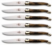 Набор из 6 столовых ножей ручной работы Laguiole (2 митры, рукоятка из черного рога)