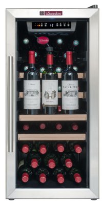 Монотемпературный шкаф, LaSommeliere модель LS38A Небольшой монотемпературный винный шкаф LaSommeliere LS38A позволяет хранить до 38 бутылок (типа Бордо). Стеклянная дверца шкафа имеет АУФ-тонировку, поэтому хорошо защищает вина. Практичные металлические полки с деревянной лицевой панелью обеспечивают оптимальное расположение бутылок в шкафу.